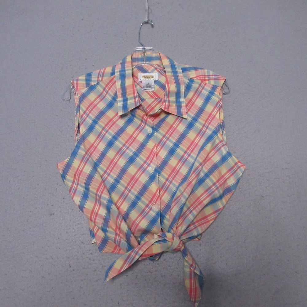 Vintage Talbots Top Madras Plaid Sleeveless Tie Front Button Cotton Pinup Picnic